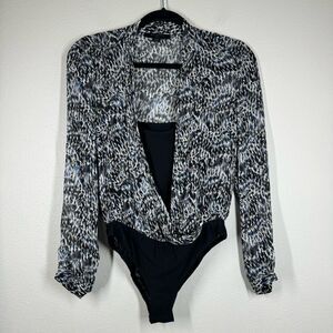 All Saints Silk Camille Mara V-Neck Long Sleeve Bodysuit Blue Black Small